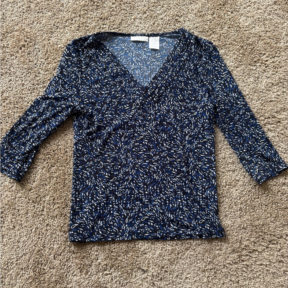 Worthington PetiteWomen's Blue Patterned 3/4 Sleeve Top Medium